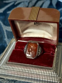 Antique 1920s 10kt White Gold Deco Ring Carnelian Intaglio Carving