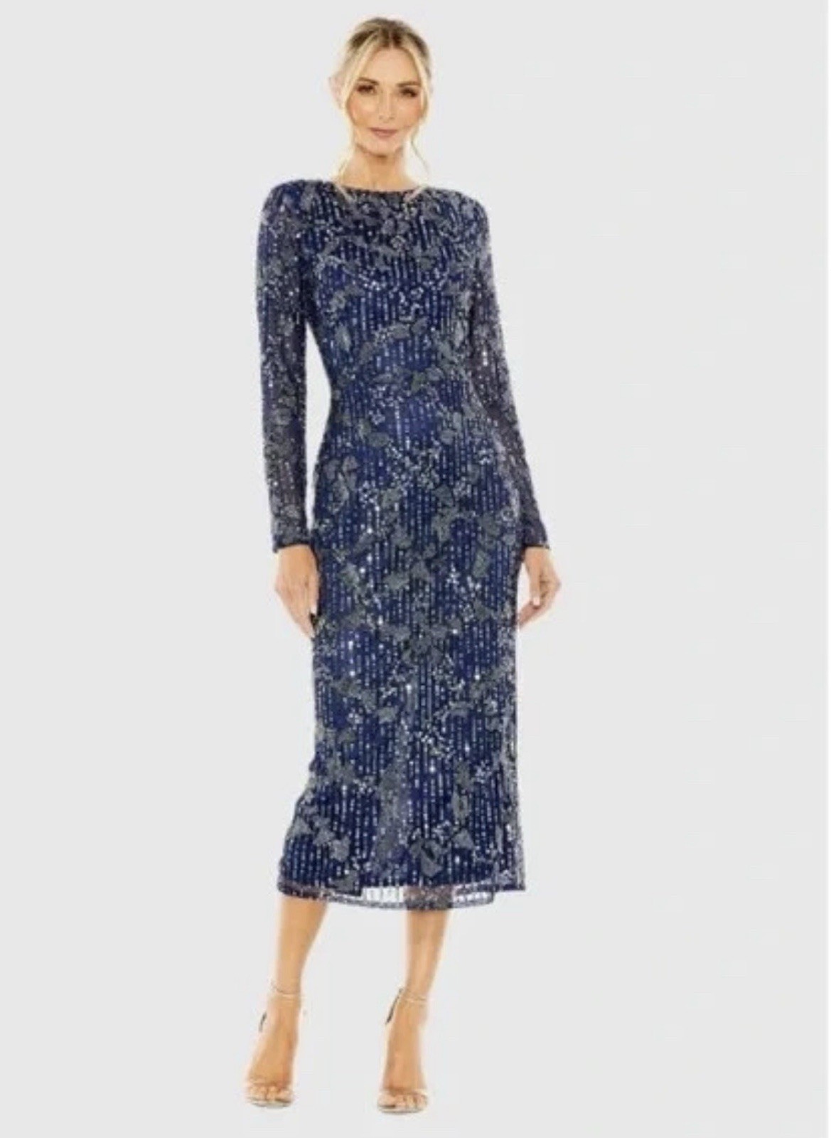 Mac Duggal Midnight Blue High Neck Long Sleeve Embellished Dress  Size 6