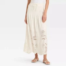 Future Collective High Rise Embroidered Eyelet Drop Waist A Line Skirt Cream M