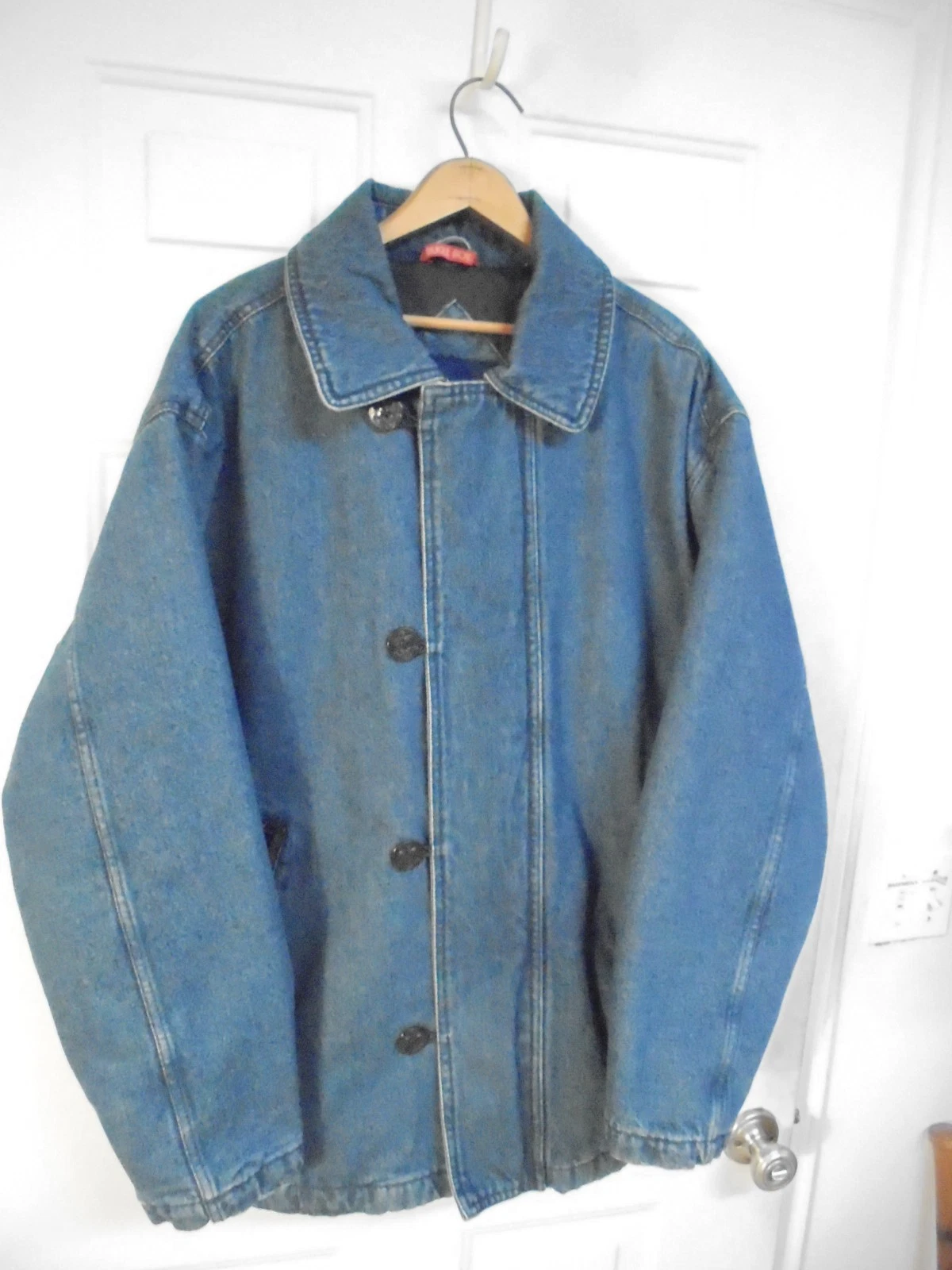 Vintage Bugle Boy Denim Blue Jean Coat Insulated Marine Jacket Large Hunters A+