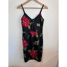 Trina Turk Y2K Black Red Rose Floral Sheath Dress Lace Trim Sz 2