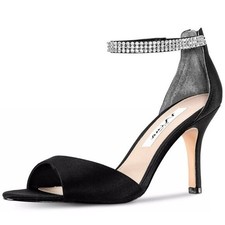 NWT Nina Womens Volanda Black Satin Rhinestone Ankle Strap Heels Sandals Size 6M