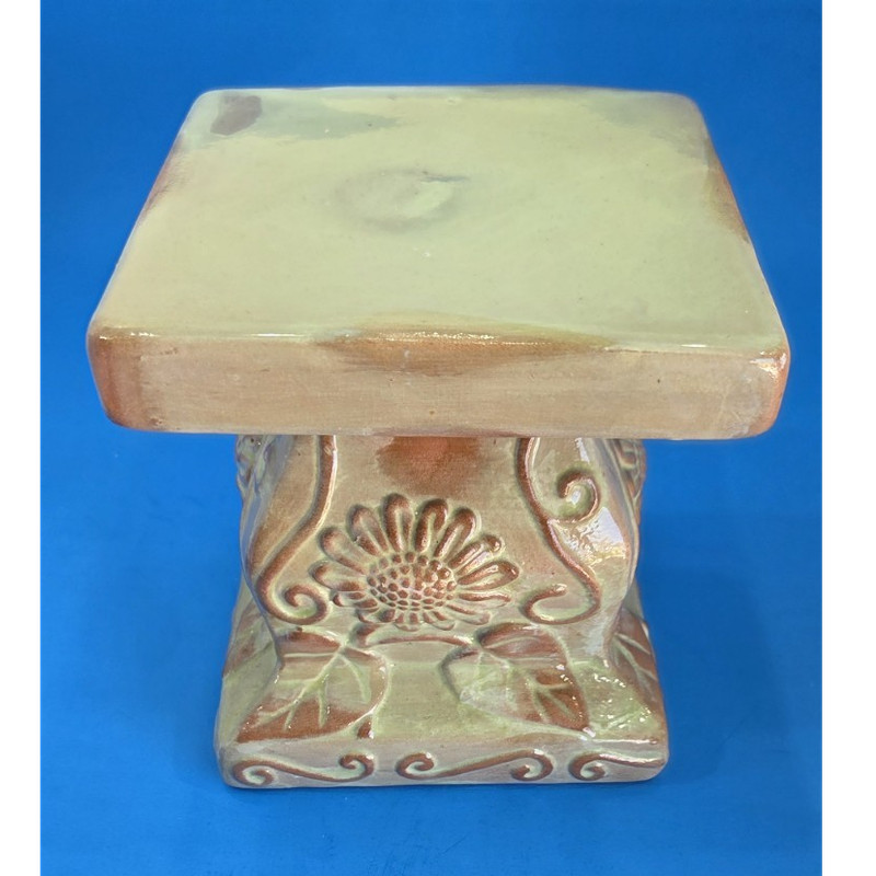 Ceramic Floral Pedestal Plant Stand, Beige Glossy Square, 5" Height
