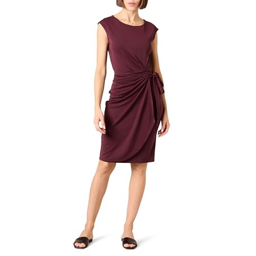 AMAZON ESSENTIALS WOMEN'S CAP SLEEVE BOAT-NECK FAUX WRAP DRESS BURGUNDY S