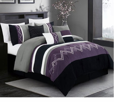 Chezmoi Collection Arden 7pc Modern Striped Comforter Set Purple/Black/Gray King