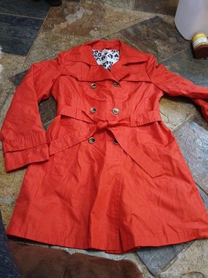 Dressbarn Coat Women M Red Belted Pockets Cotton Nylon Preppy Rain Jacket Size M