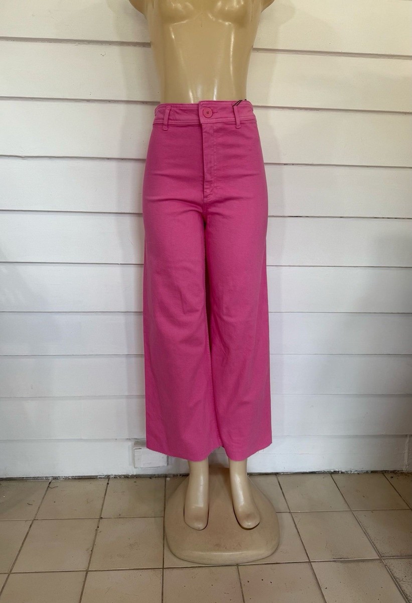 Zara Women Pink Fuchsia Denim Jeans Marine Straight Wide Leg Size
