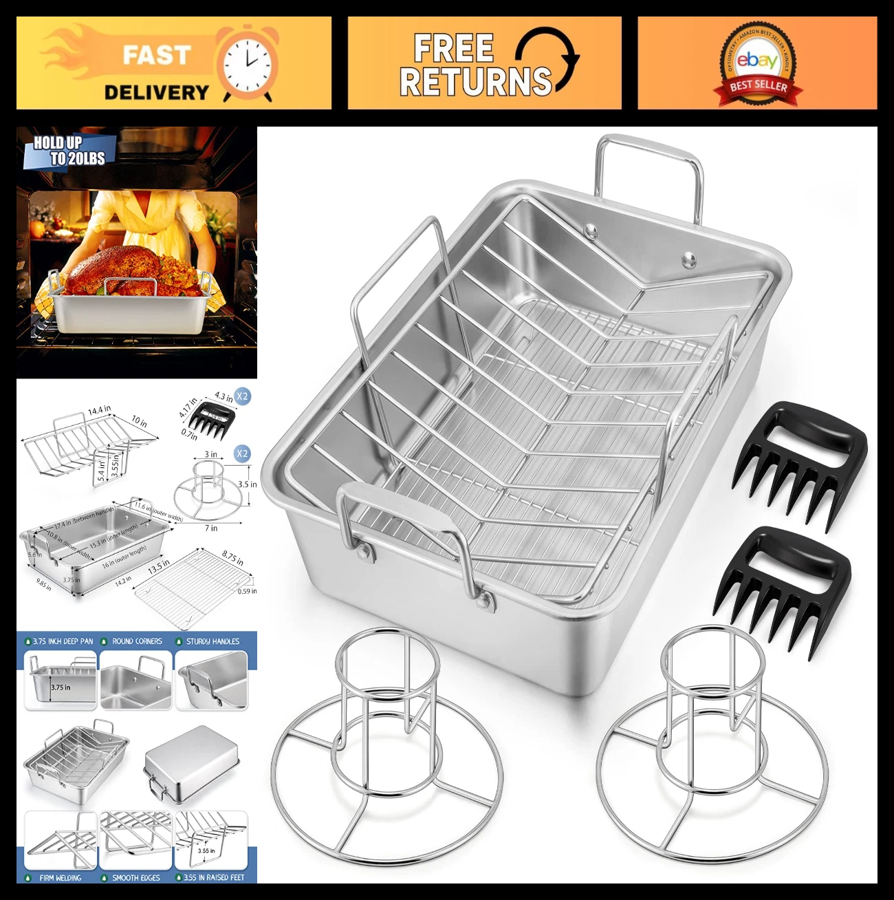 16" Stainless Steel Roasting Pan with Rack, Turkey Lasagna Pan, Meat Shredding C