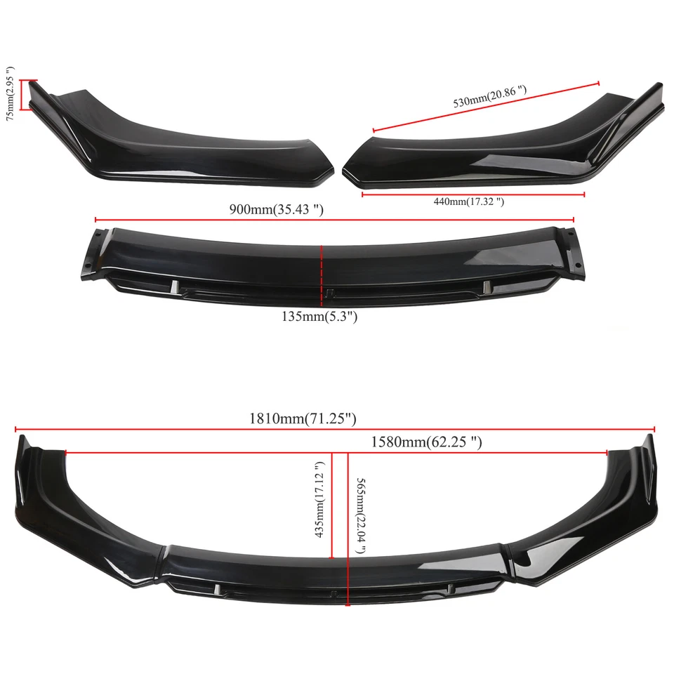 Gloss Black Front Bumper Lip Splitter Spoiler Strut Rods For Audi TT Kit - Image 2 of 4