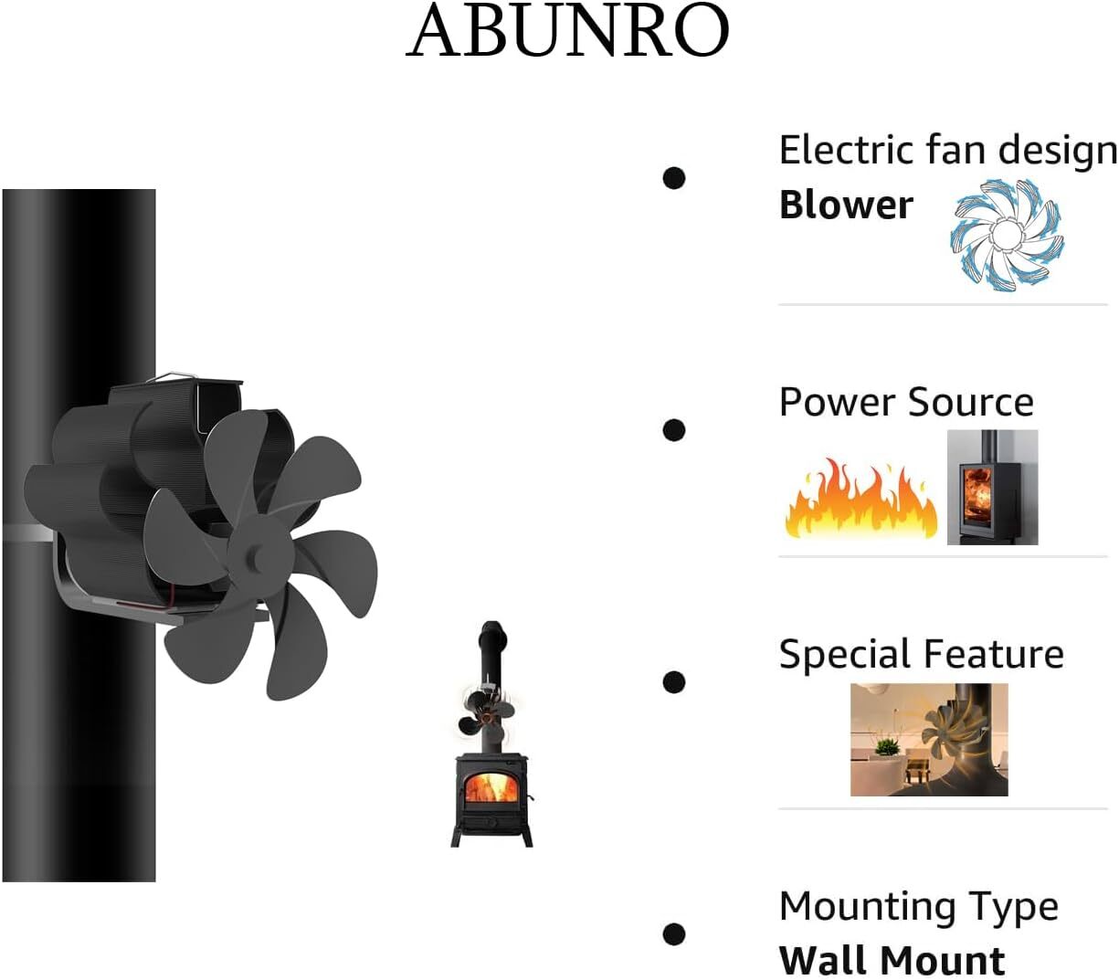 ABUNRO 6Blades Wood Stove Fan with Hose Clamp, Pipe Heat Powered Stove