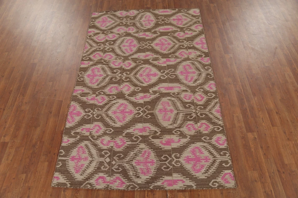 几何双面 Kelim Kilim 地毯平织现代羊毛地毯 5x8 英尺 — 第 3/4 张图片