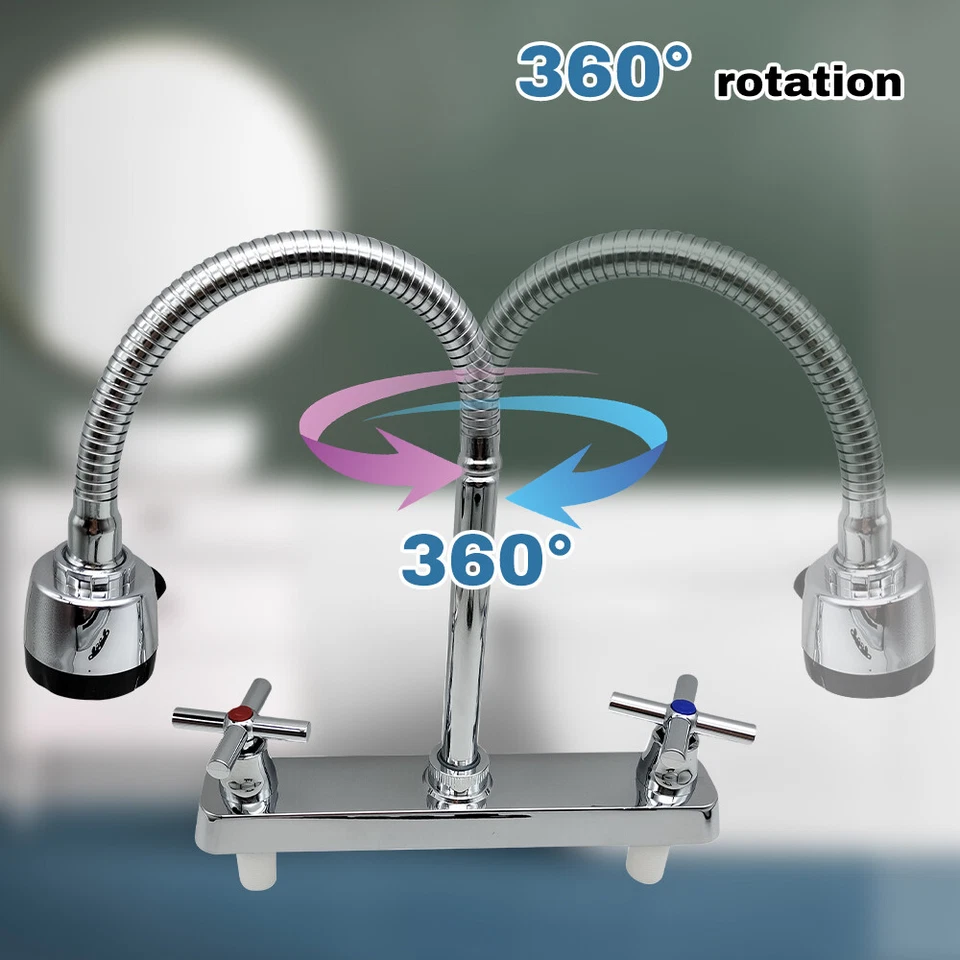 Grifo de fregadero de cocina con asas dobles grifo mezclador frío y caliente rociador giratorio 360° Foto 3 de 4