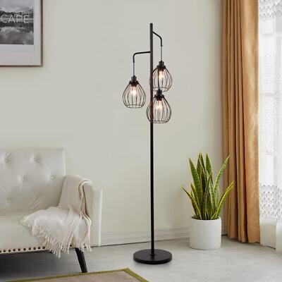 3-Light Floor Lamp Industrial Floor Light Teardrop Cage Tall Standing Tree Lamps