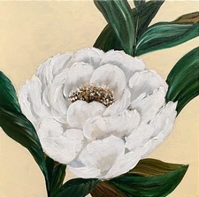 White peony original painting Flower green white beige Collectible miniature