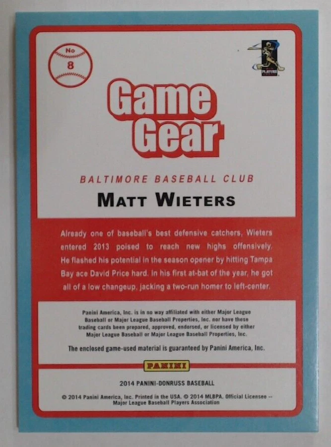 Matt Wieters 2014 Donruss Game Gear #8 - Image 2 of 2