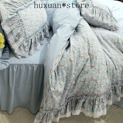 New Fresh Flowers Bedding Set Lace Ruffle Duvet Cover  Sheet Pastoral Bed Skirt