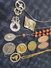 Junk Drawer Lot Estate Vtg Religious Lot Charm Necklace Pendant Coin INRI Angel