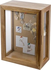 Wall Mounted Brown Wood Shadow Box with Cork Back, Viewing Panels & Hinged Door