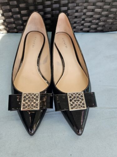 Coach Black Patent Leather Bow Pointed Toe Ballet Flats Poppy 2000s Y2K Logo