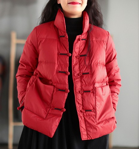 Women Chinese Style Stand Collar Frog Button Down Puffer Jacket Winter Warm Coat - Picture 7 of 14