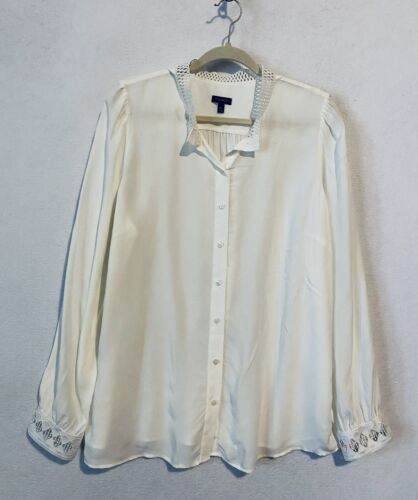 Talbots Top Womens XL Ivory Button Up Puffy Sleeve