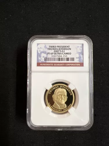 NGC PF 69 ULTRA CAMEO 2007 S THIRD PRESIDENT THOMAS JEFFERSON 1$ PROOF DOLLAR