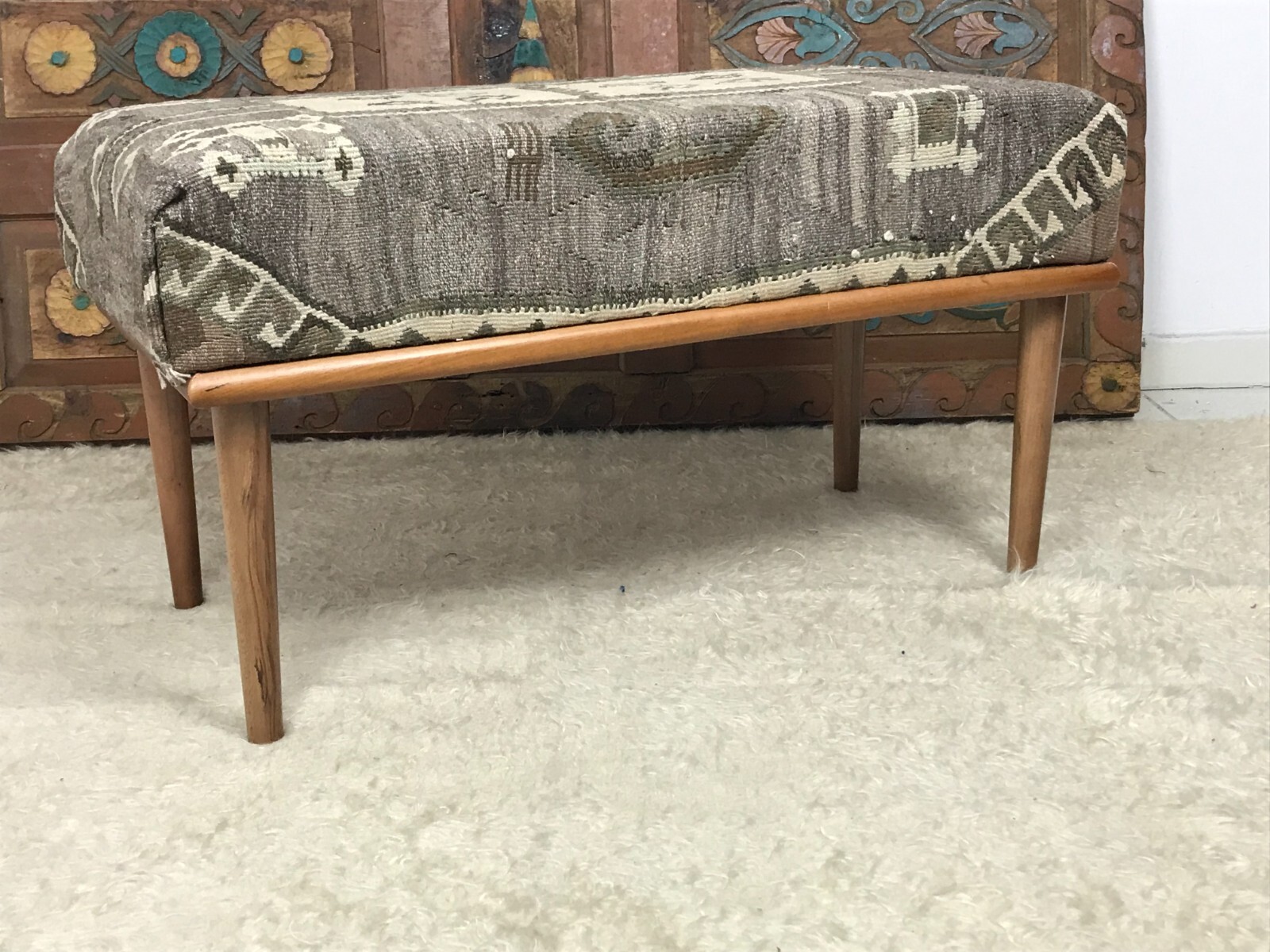 Handmade Kilim Upholstered Ottoman Footstool Piano Entryway Bedroom Bench