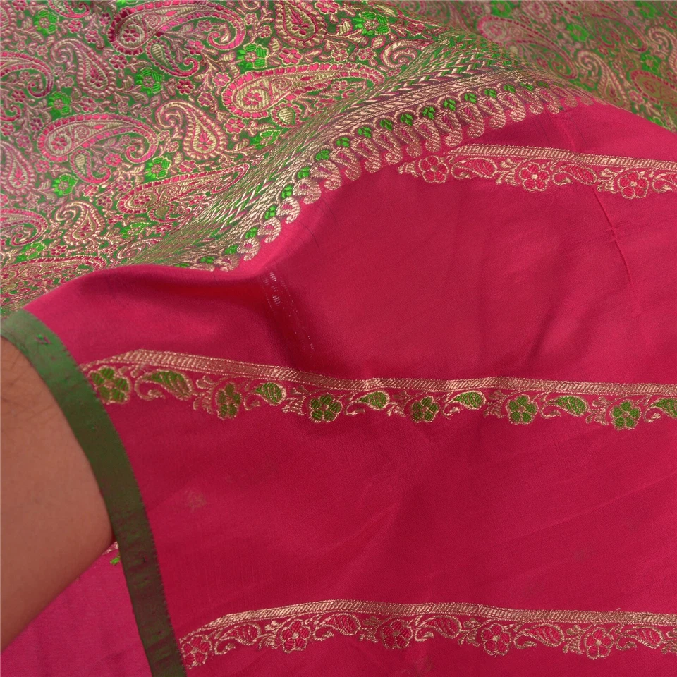 Saris rosados vintage de seda pura tejida brocado/tela de sari Banarasi Zari Sanskriti Foto 4 de 4