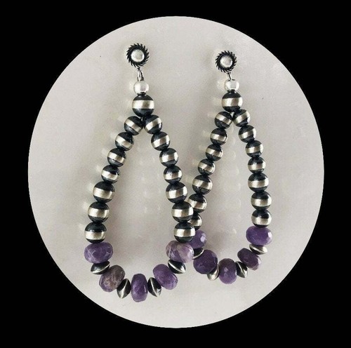 Sterling Navajo Pearl Earrings with Chevron Amethyst - Picture 4 of 6