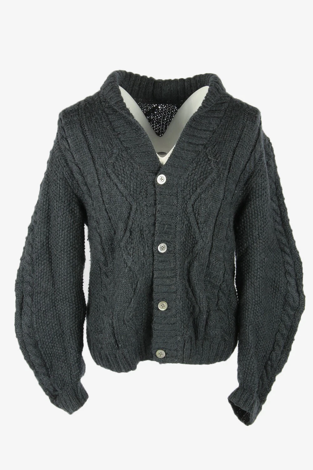 Cable Knit Wool Cardigan Vintage V Neck Button Pullover Dark Grey Size M IL2666