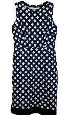 Ann Taylor Sheath Dress Size 4 Blue White Sleeveless Midi Round Neck Career