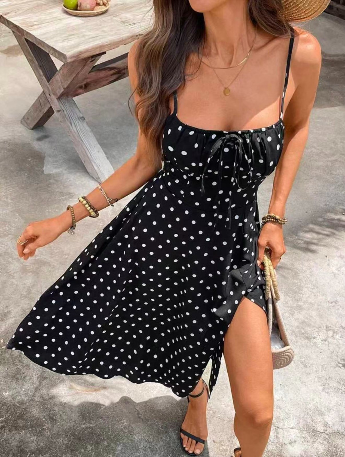 Women Black Polka Dot Midi Dress Spaghetti Strap Tie Front Slit Sundress