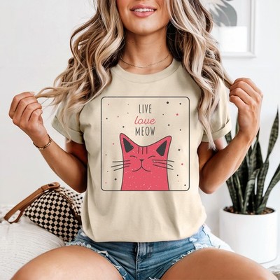 Live Love Meow Damen T-Shirt Katzenliebhaber Katzen Geschenk für Sie