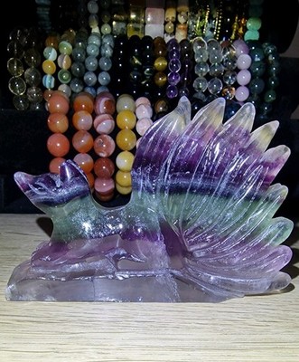 Fluorite Crystal Ninetail Fox Carved Carving UV Reactive 300g 12.1cm