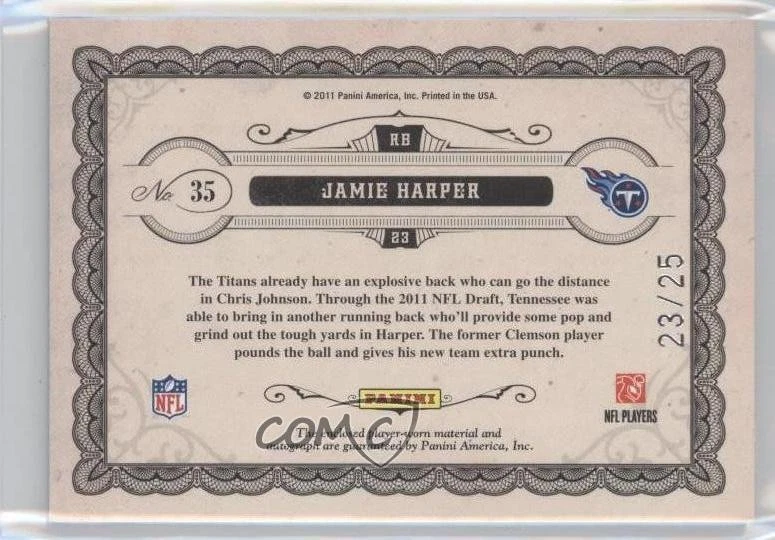 2011 Panini Gold Standard Materials Prime Signatures /25 Jamie Harper Auto RC - Image 2 of 2