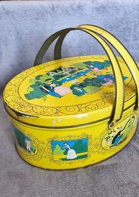 Vintage Sewing Picnic Basket English Tin Litho 1930's Double Swing Handle