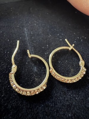 Italy 14k Yellow Gold Hoop Earrings with Natural Cognac Smoky Quartz Stones