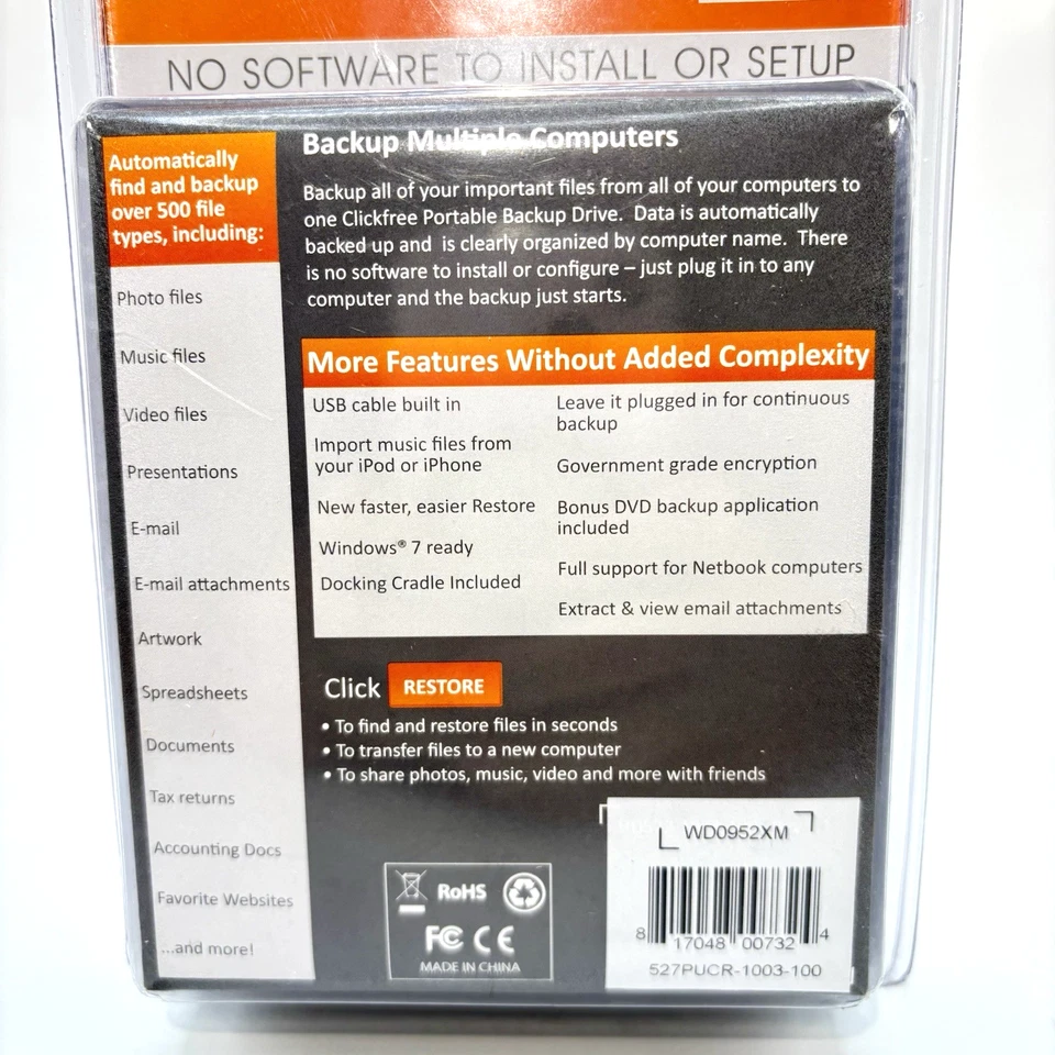 Disco duro de respaldo portátil automático Clickfree 500 GB púrpura WD0952XM NOS Foto 4 de 4