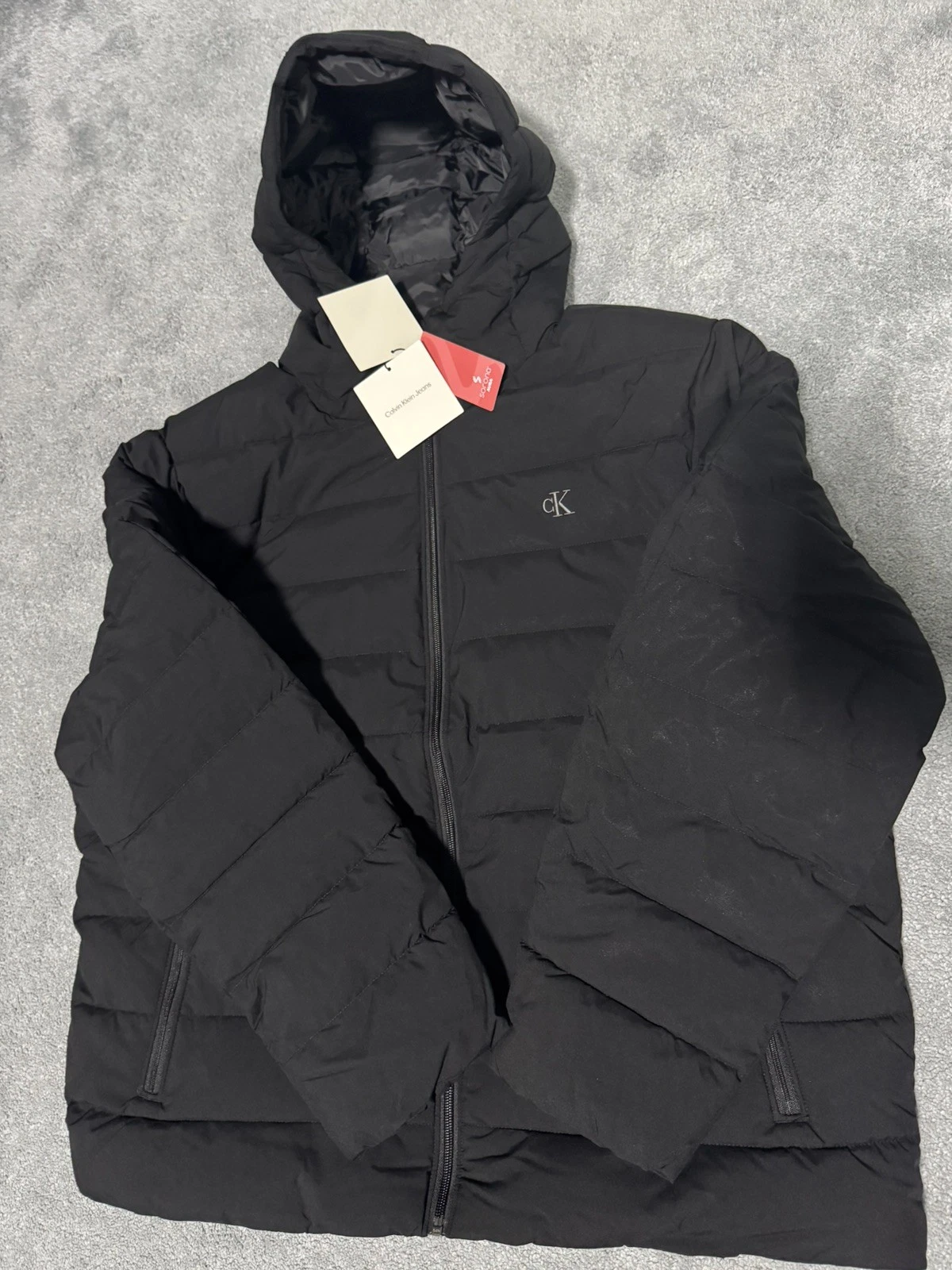 Calvin Klein Sorona Aura Mens Black Hooded Packable Water Resistant Jacket L NEW