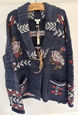 NWT Sundance Catalog Blue Heavy Embroidered Cardigan Sweater, Size XXL