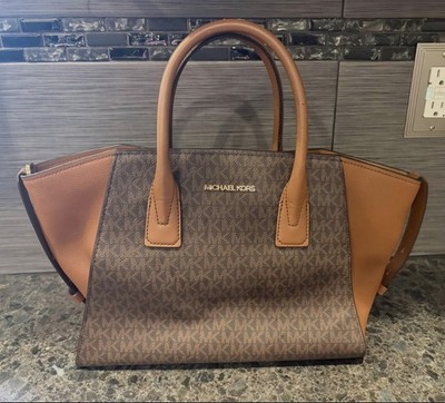 Michael Kors Avril Large Top Zip Brown MK SIGNATURE Satchel Crossbody Handbag