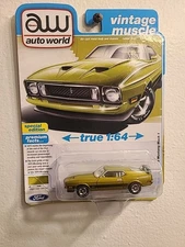 1973 FORD MUSTANG MACH 1 BRIGHT GREEN GOLD 1/64 BY AUTO WORLD 64482-AWSP173 A 
