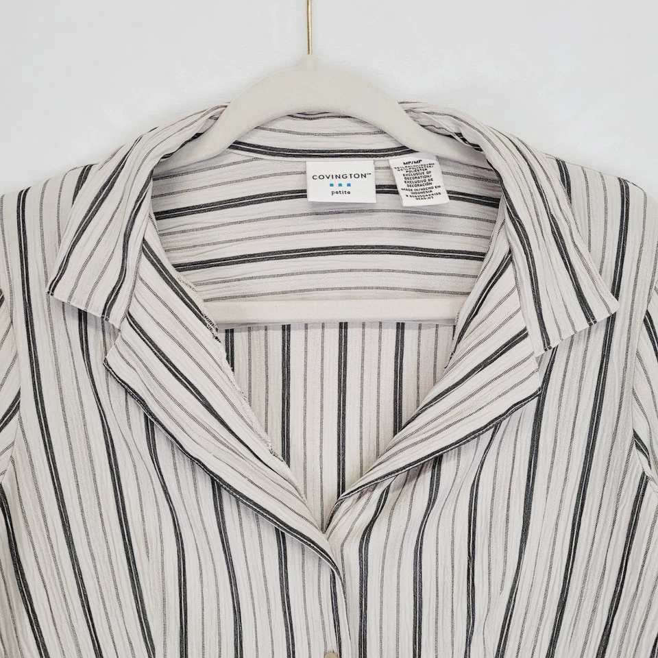 Covington 女式纽扣衬衫 Petite M 象牙色黑色条纹职业时尚 — 第 2/4 张图片