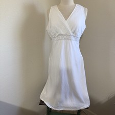 Vtg New York & Co White Empire Waist Linen Blend Midi Dress Crochet Detail 14
