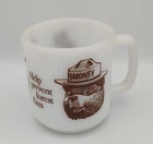 Vintage Smokey The Bear Help Prevent Forest Fires Milk Glass Mug Cup Glasbake