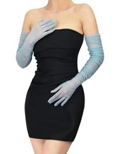 Stretchy Ruched Sheer Mesh Tulle Long Opera Gloves for Women Dusty Blue