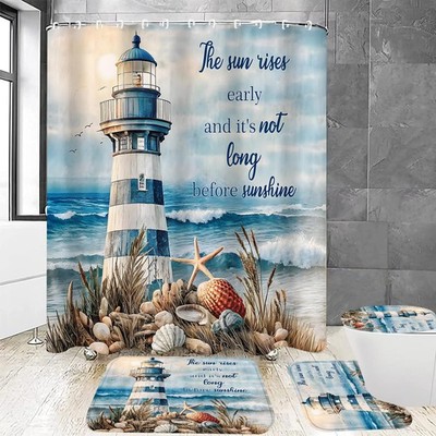 4Pcs Nautical Lighthouse Shower Curtain Sets Sea Seashell Bathroom Set Decor ...