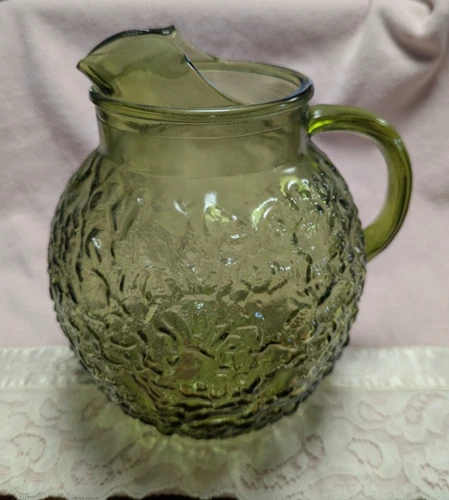 Vintage Anchor Hocking Lido Milano Crinkle Glass Ball Pitcher Avocado Green
