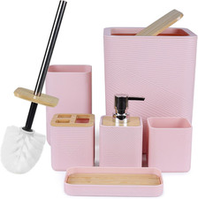 Bathroom Accessories Set Six Piece Plastic Pink Soap Dispenser Toothbrush Holder