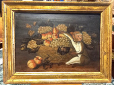 dipinto olio su tavola natura morta frutta con scimmia del "600"